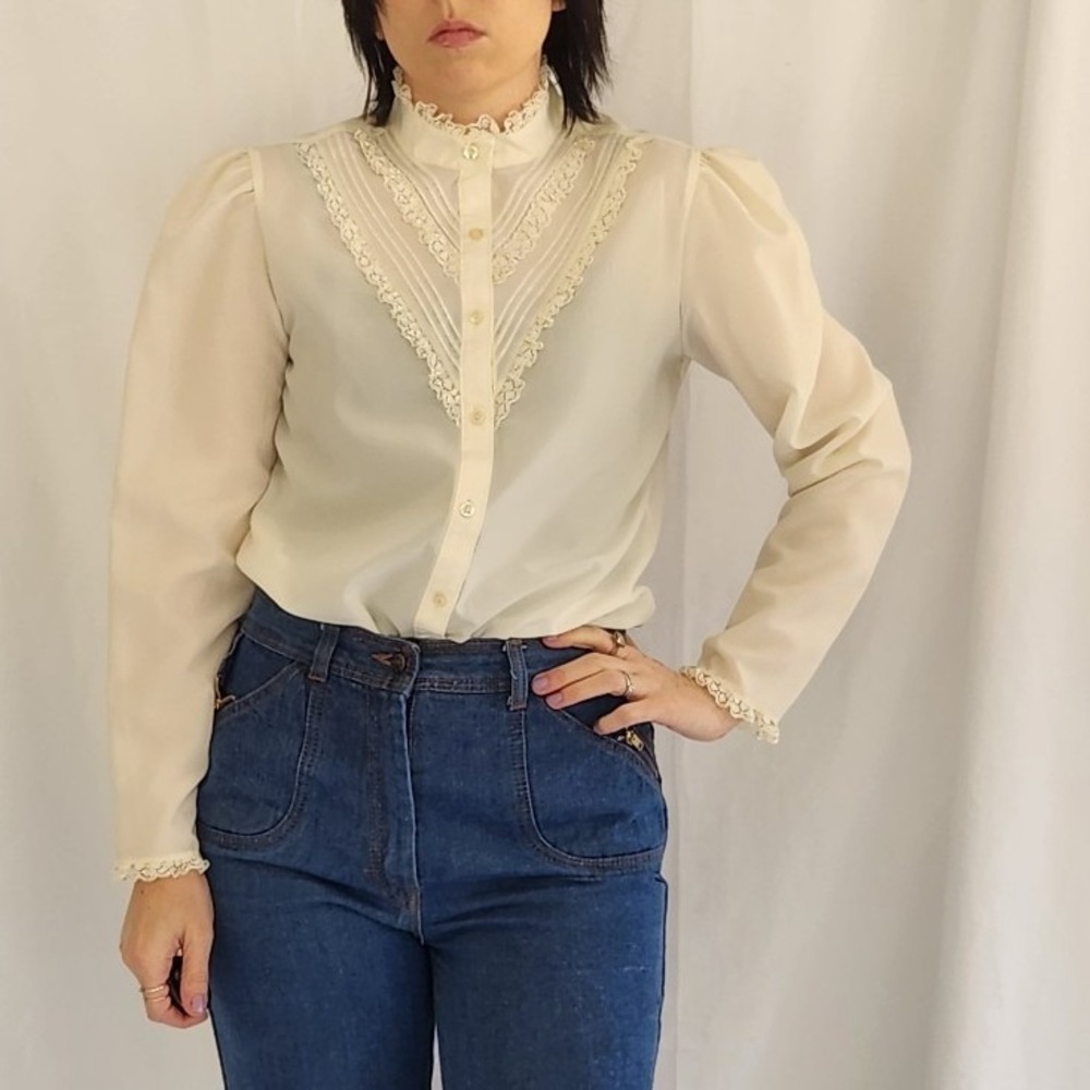 70s Ivory High Neck Lacy Blouse